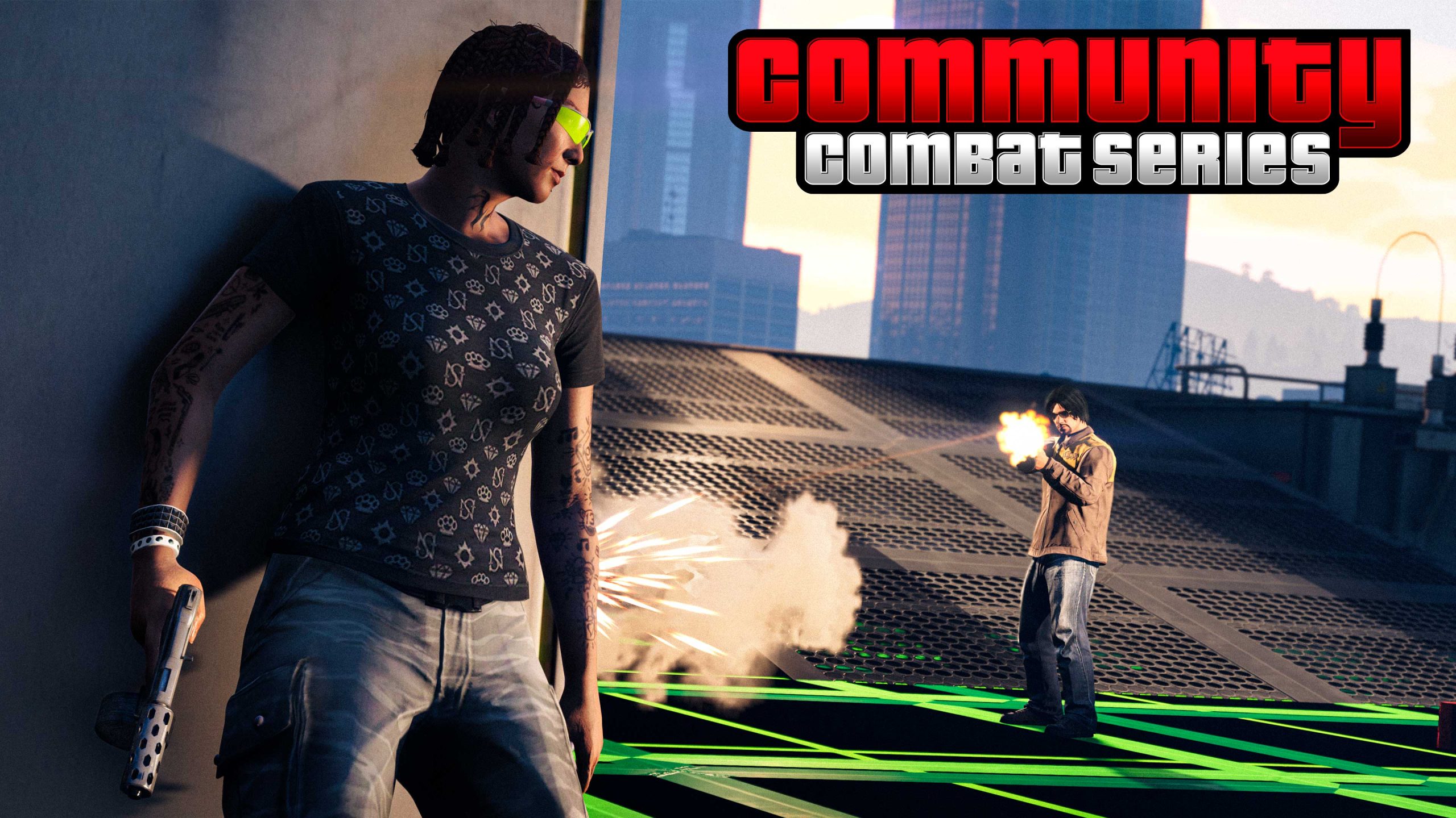 Community Combat Series poster with one armed character shooting at another taking cover behind a wall.