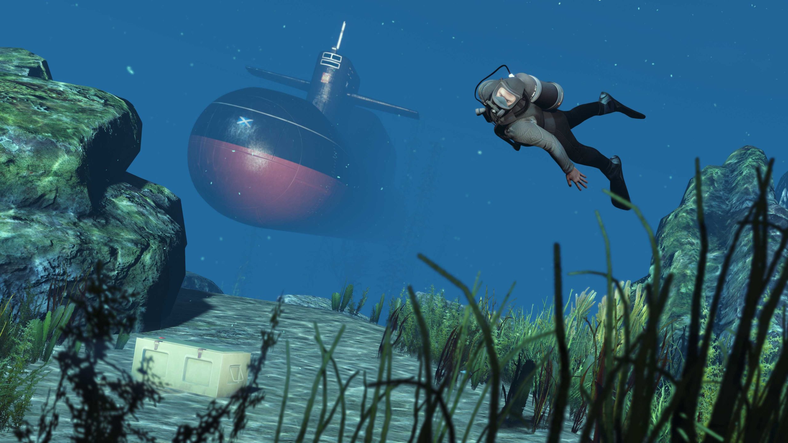 A character in scuba gear swims near a crate on the ocean floor with a submarine approaching.
