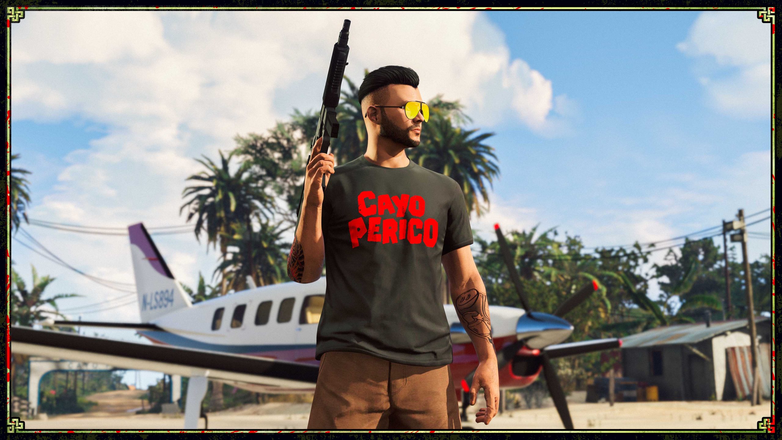 An armed character near a jet wears the I Survived Cayo Perico tee.