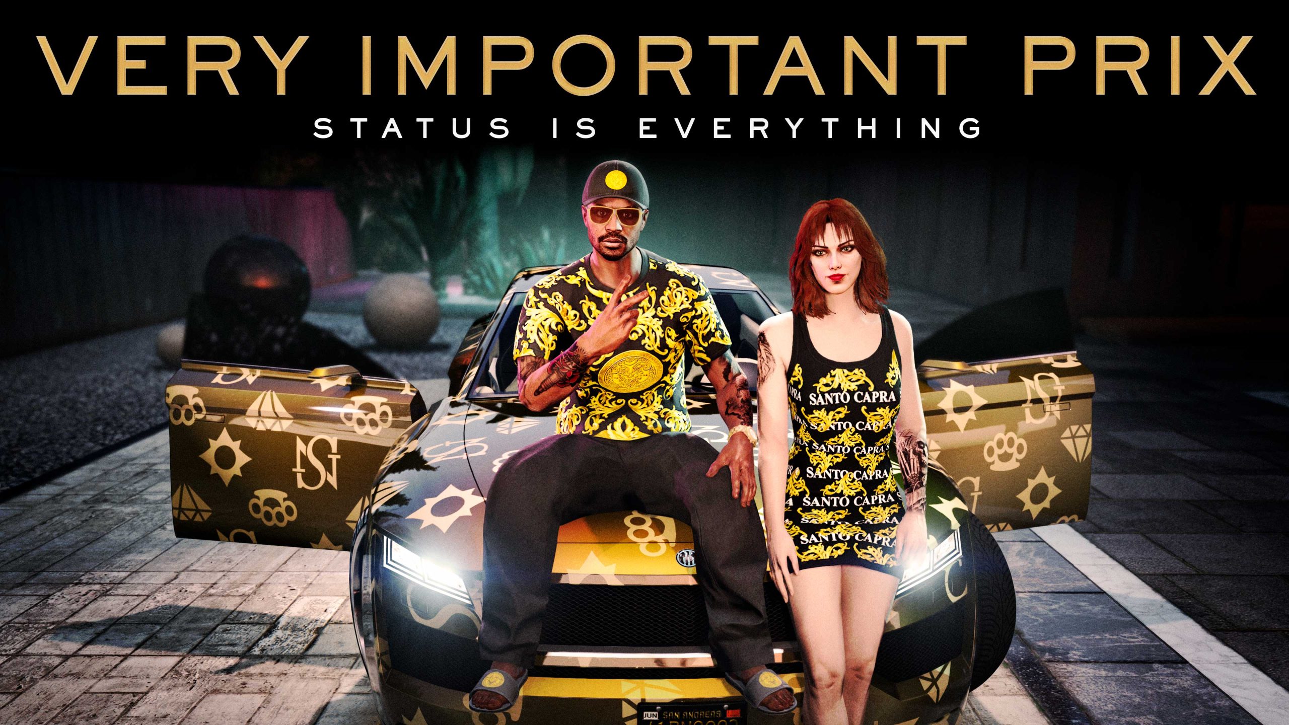 Very Important Prix poster featuring two GTA Online characters wearing the Santo Capra Cap, Black SC Ornate Tee, and the Black SC Ornate Mini Dress. They sit on the hood of a Ubermacht Revolter with the Sessanta Nove monogram livery. Text reads: Status is everything. 